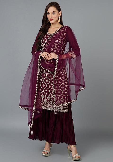 Burgundy Embroidered Silk Blend Kurta Set