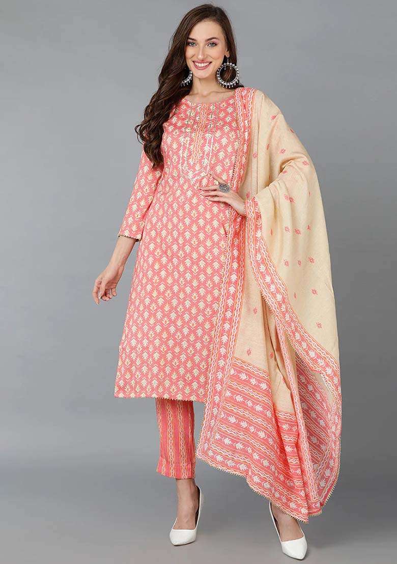 Pink Printed Cotton Straight Kurta Set - Indya