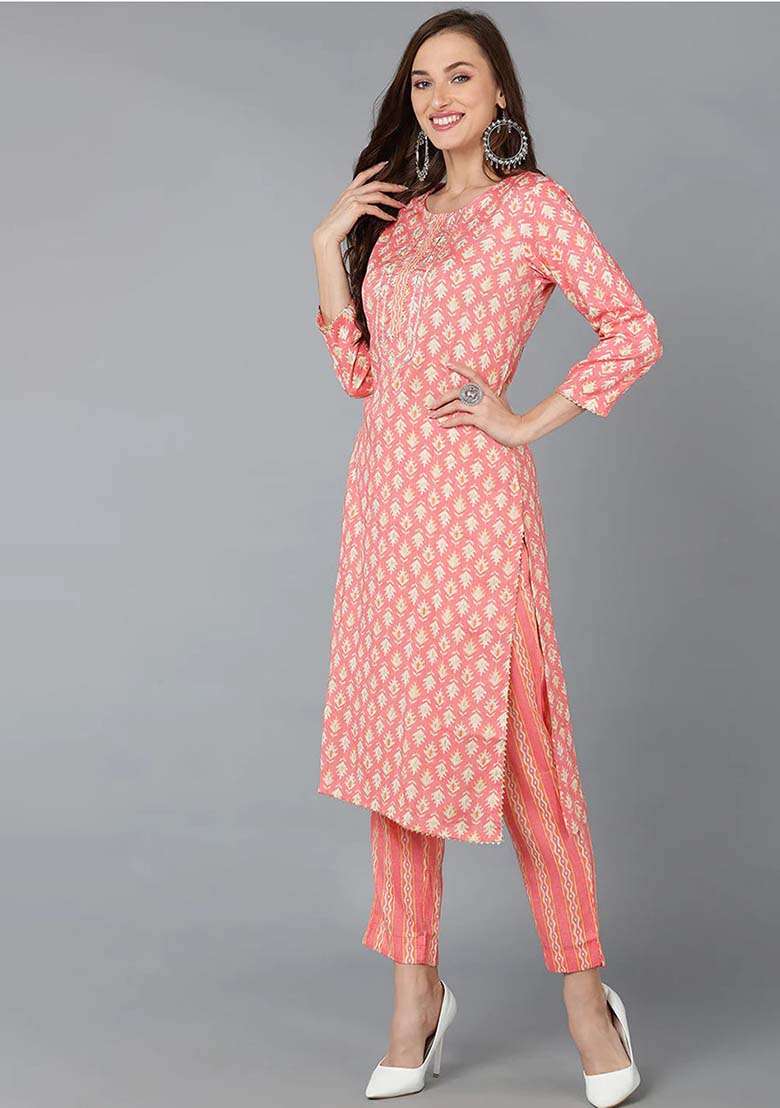 Pink Printed Cotton Straight Kurta Set - Indya