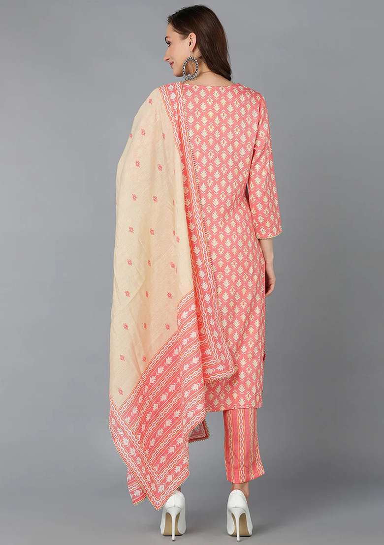 Pink Printed Cotton Straight Kurta Set - Indya