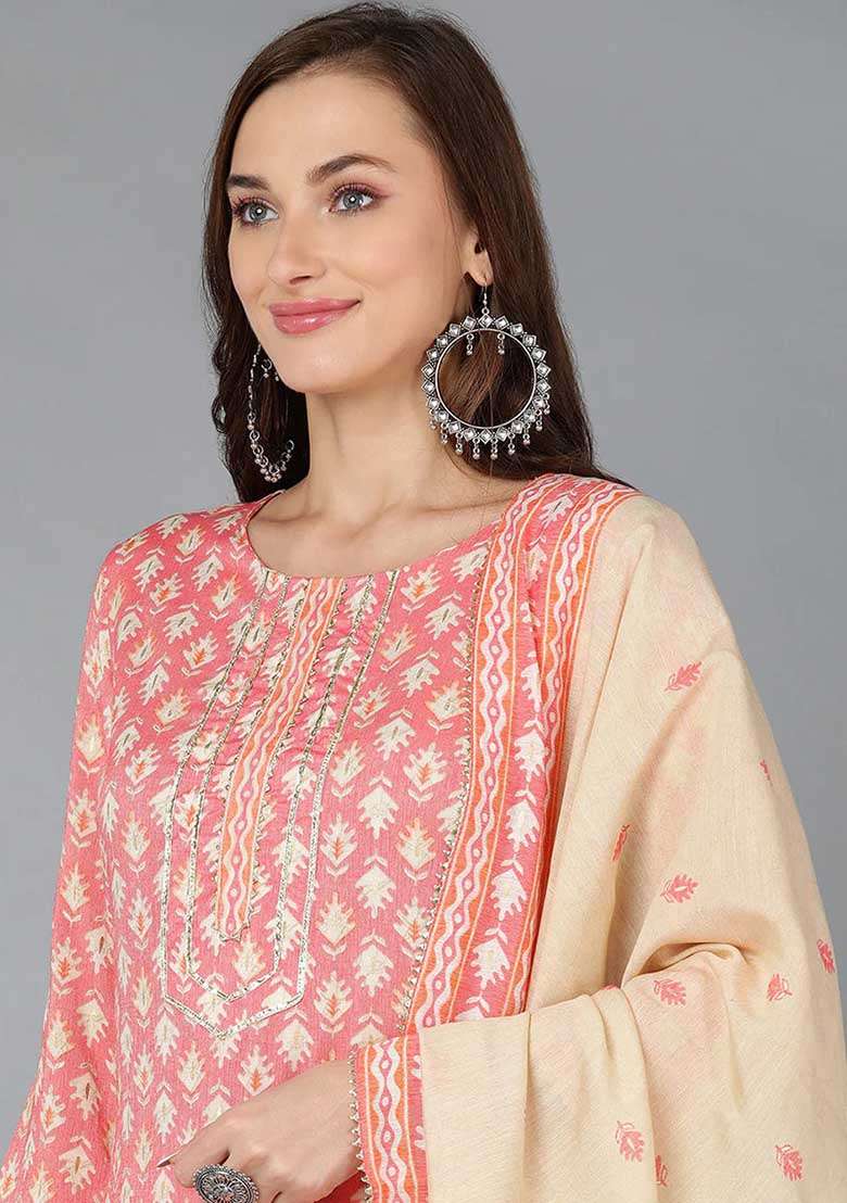Pink Printed Cotton Straight Kurta Set - Indya