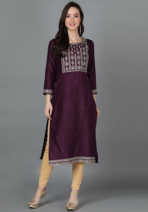 Purple Embroidered Silk Blend Kurta