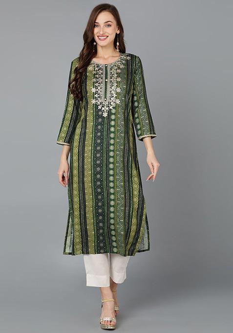 Green Printed Viscose Rayon Kurta