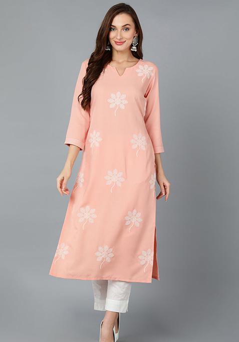 Peach Embroidered Cotton Blend Kurta