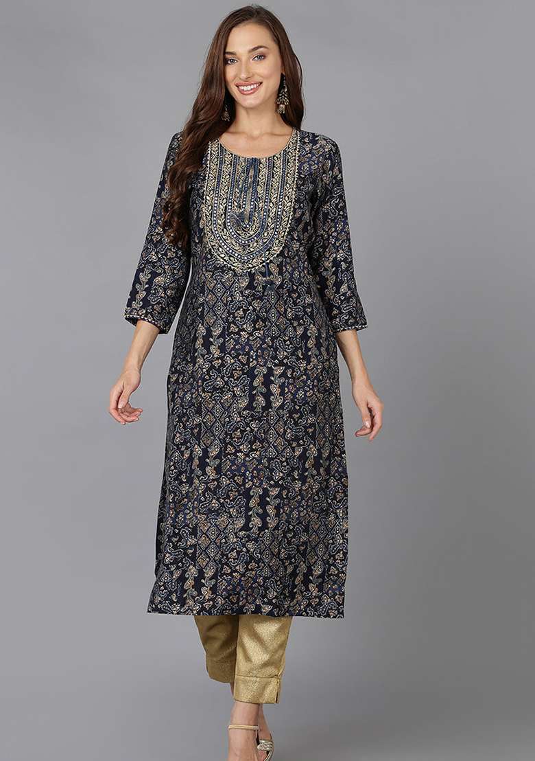 Navy Blue Printed Cotton Straight Kurta Set - Indya