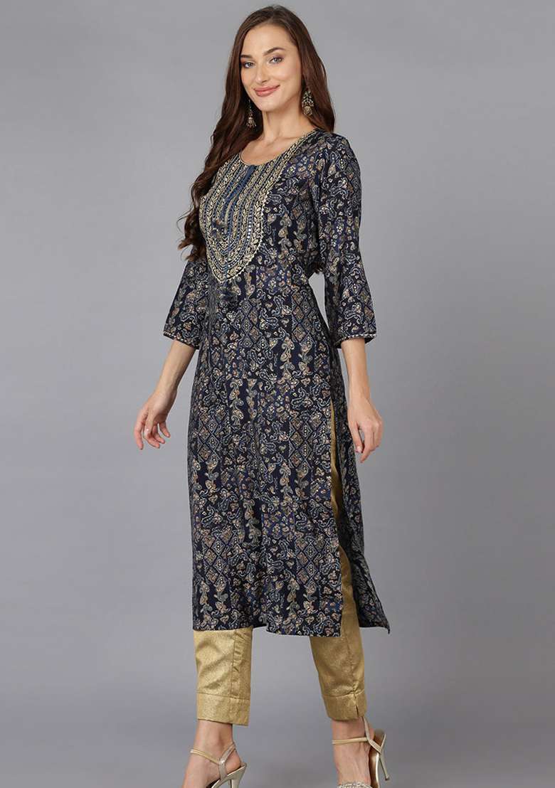 Navy Blue Printed Cotton Straight Kurta Set - Indya