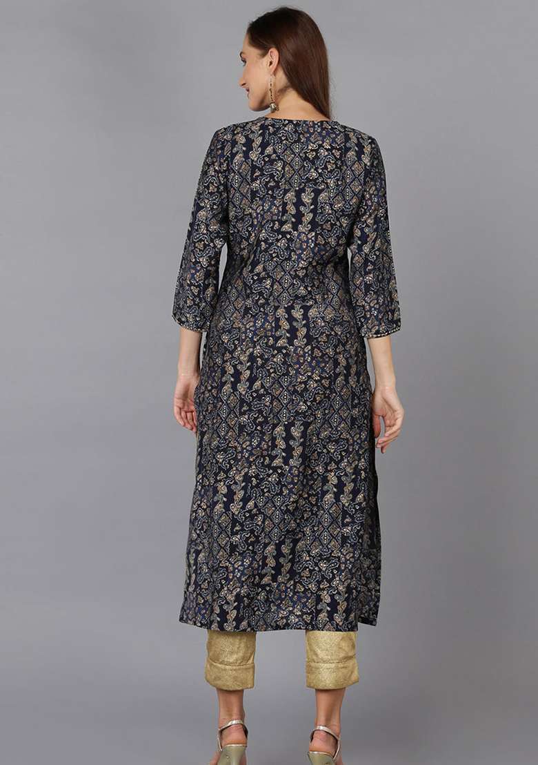Navy Blue Printed Cotton Straight Kurta Set - Indya
