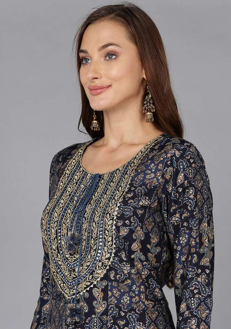 Navy Blue Printed Cotton Straight Kurta Set - Indya