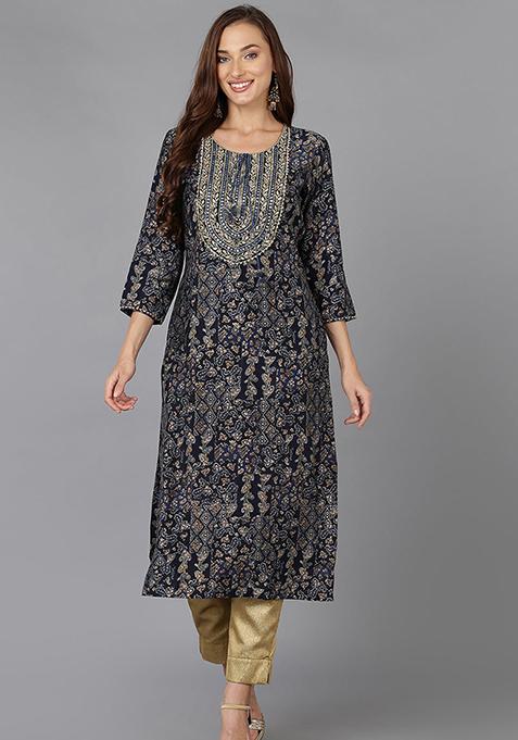 Navy Blue Printed Cotton Blend Kurta