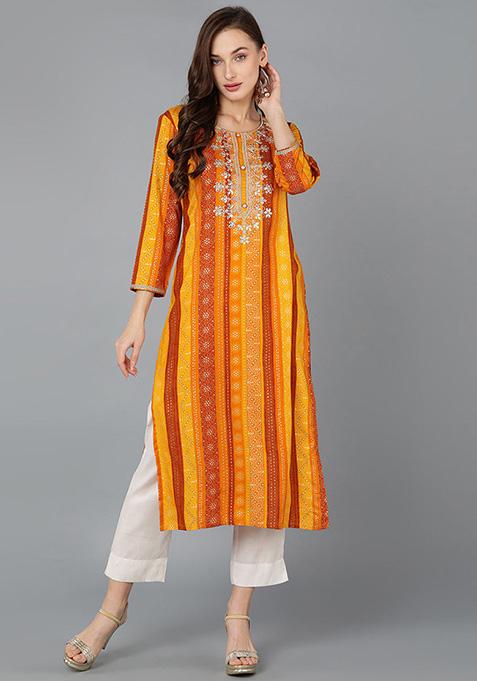 Orange Printed Viscose Rayon Kurta