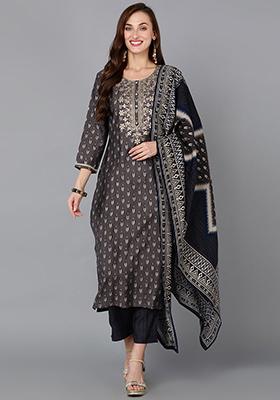 Grey Printed Silk Blend Kurta Set