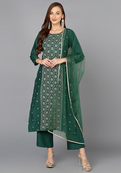 Green Embroidered Silk Blend Kurta Set