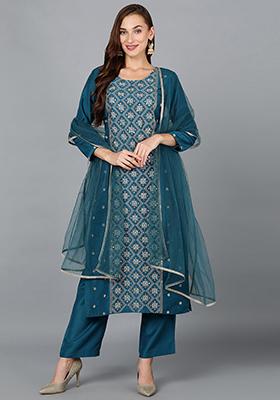 Teal Embroidered Silk Blend Kurta Set