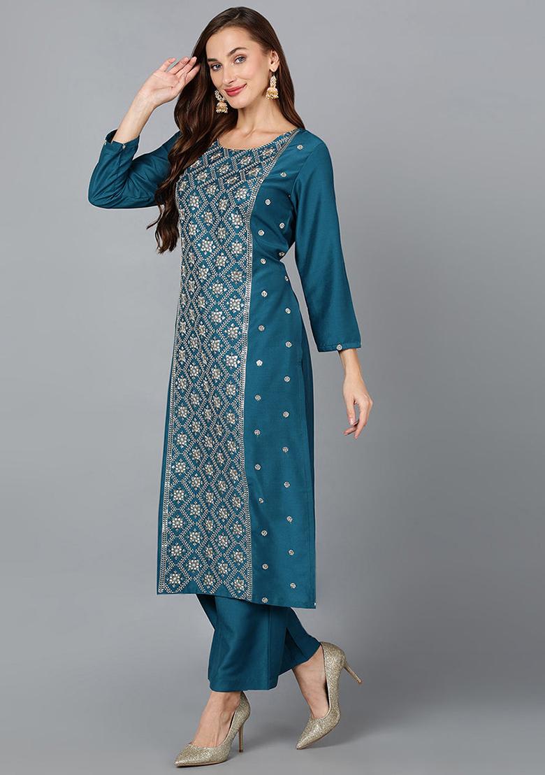 Teal Embroidered Silk Blend Kurta Set