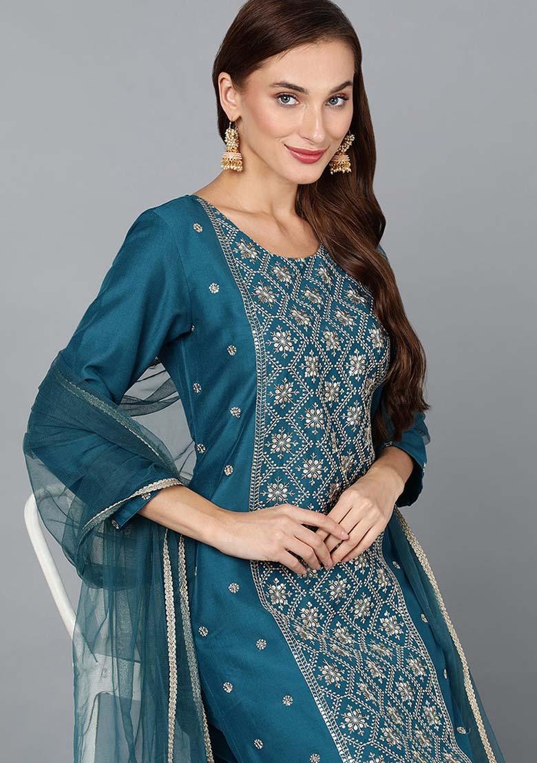 Teal Embroidered Silk Blend Kurta Set