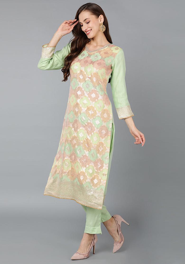 Lime Green Solid Poly Chanderi Kurta Set