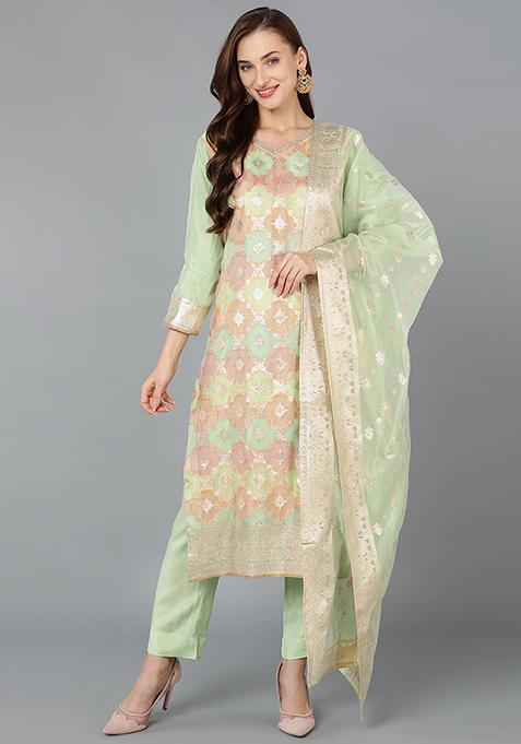 Lime Green Solid Poly Chanderi Kurta Set