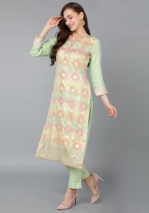 Lime Green Solid Poly Chanderi Kurta Set