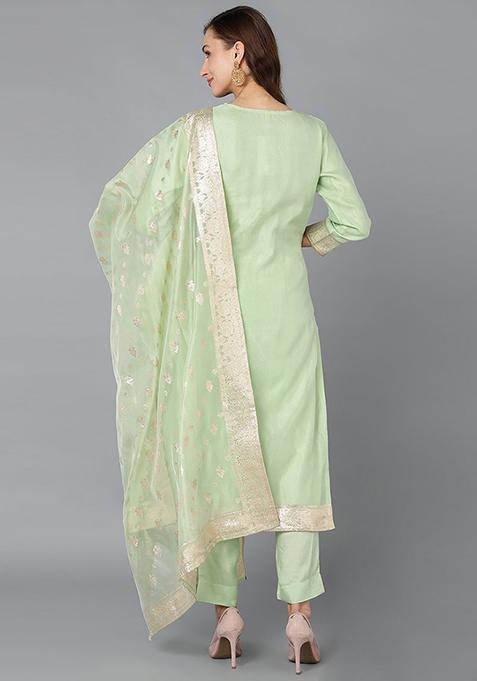 Lime Green Solid Poly Chanderi Kurta Set