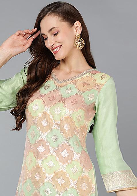 Lime Green Solid Poly Chanderi Kurta Set