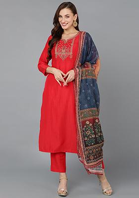 Red Embroidered Silk Blend Kurta Set