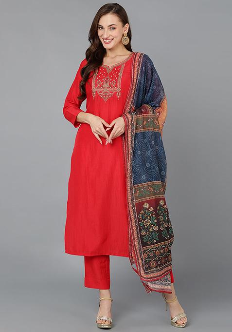 Red Embroidered Silk Blend Kurta Set