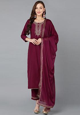 Burgundy Embroidered Silk Blend Kurta Set