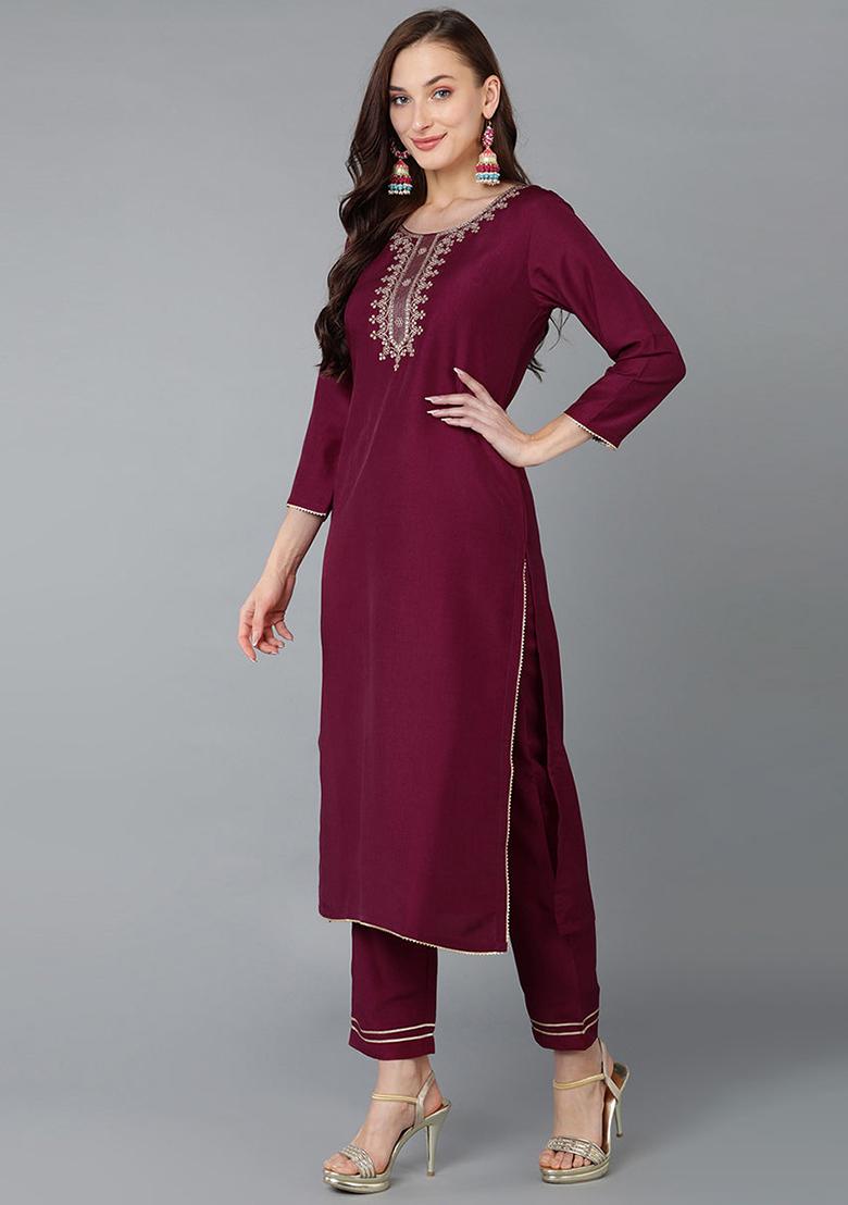 Burgundy Embroidered Silk Blend Kurta Set