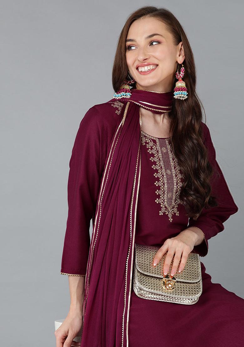 Burgundy Embroidered Silk Blend Kurta Set