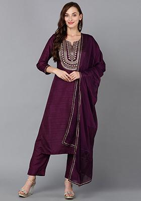 Purple Embroidered Silk Blend Kurta Set