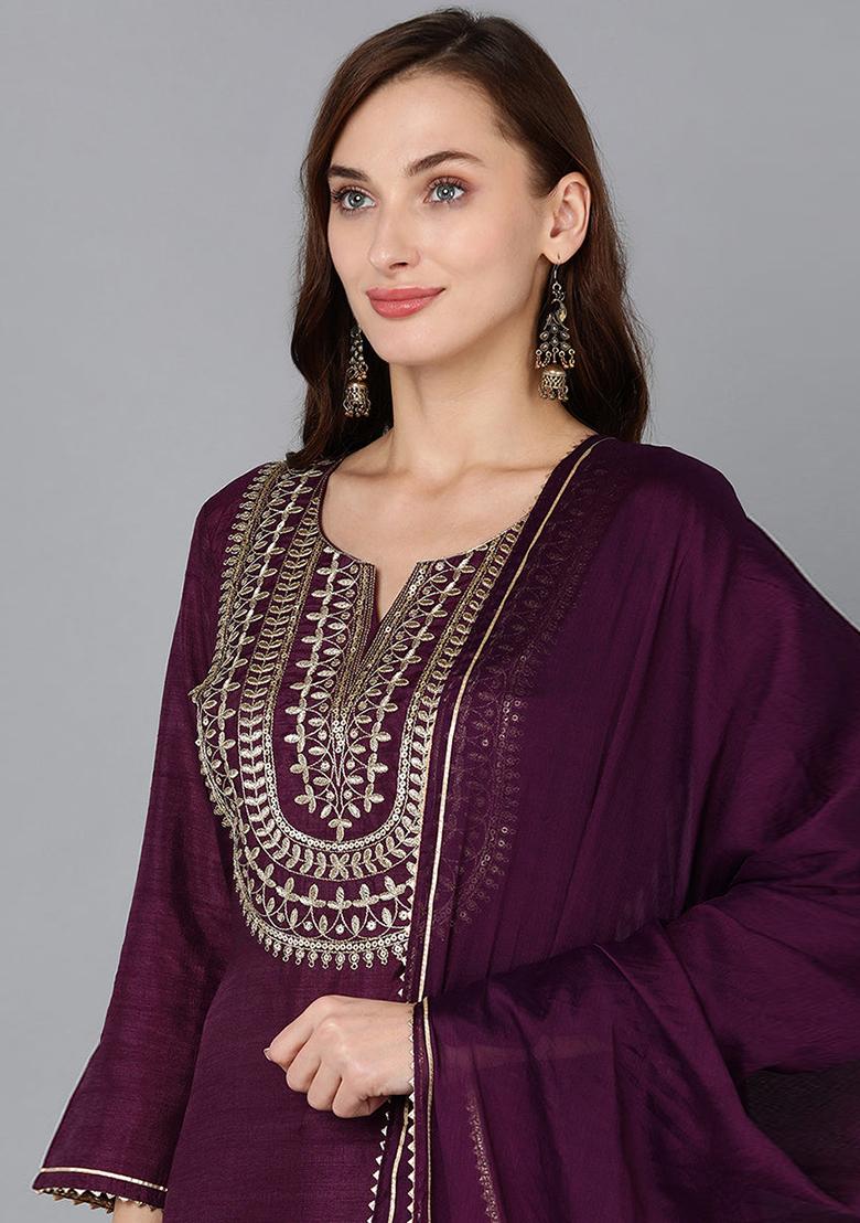 Purple Embroidered Silk Blend Kurta Set