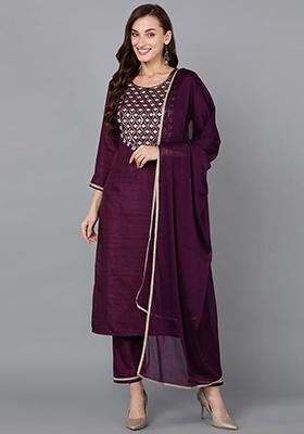 Purple Embroidered Silk Blend Kurta Set
