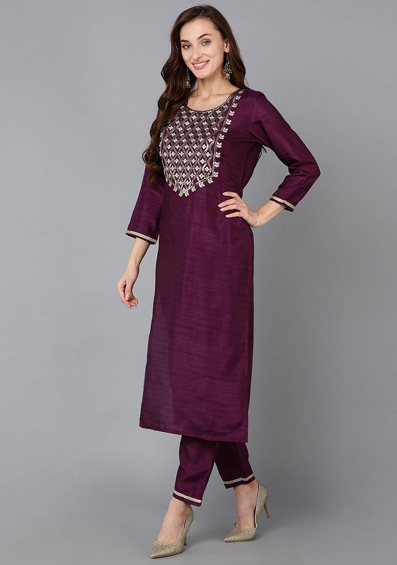 Purple Embroidered Silk Blend Kurta Set