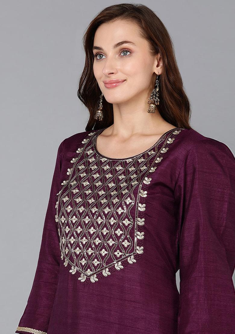 Purple Embroidered Silk Blend Kurta Set