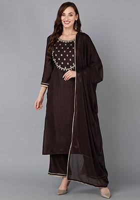 Black Embroidered Silk Blend Kurta Set