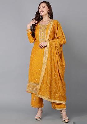 Mustard Embroidered Silk Blend Kurta Set