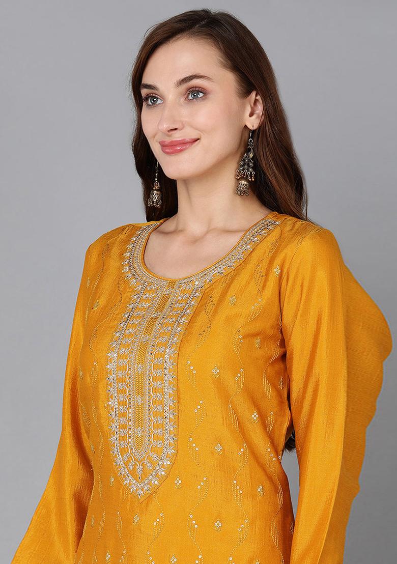 Mustard Embroidered Silk Blend Kurta Set - Indya