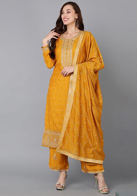 Mustard Embroidered Silk Blend Kurta Set