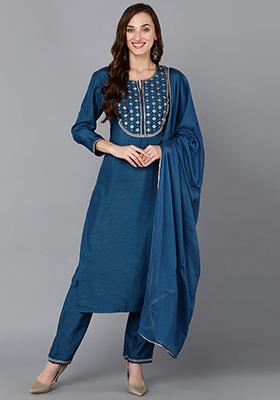 Blue Embroidered Silk Blend Kurta Set