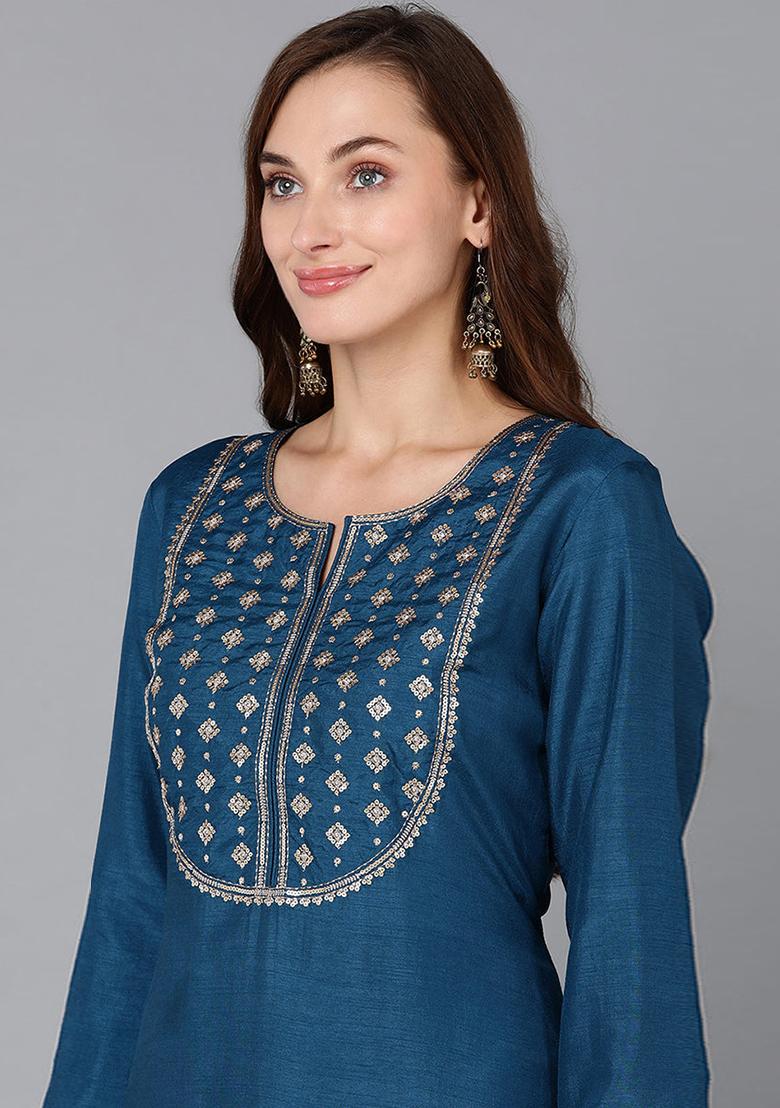 Blue Embroidered Silk Blend Kurta Set