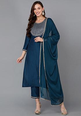 Teal Embroidered Silk Blend Kurta Set
