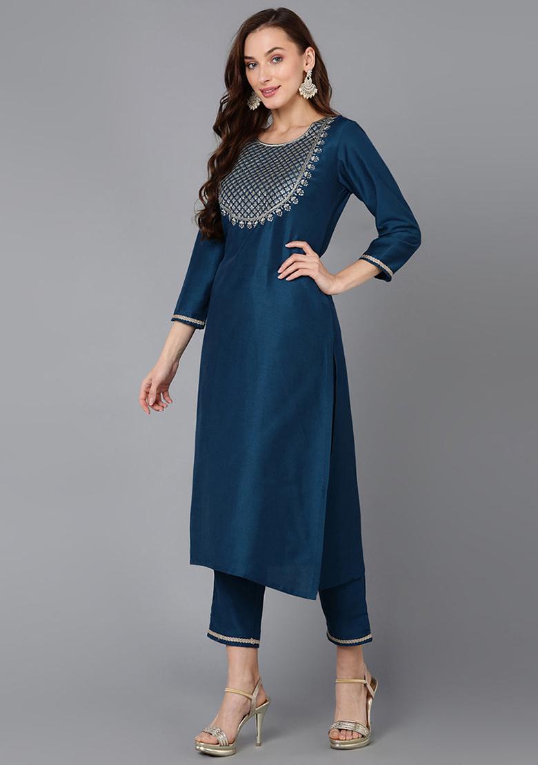 Teal Embroidered Silk Blend Kurta Set