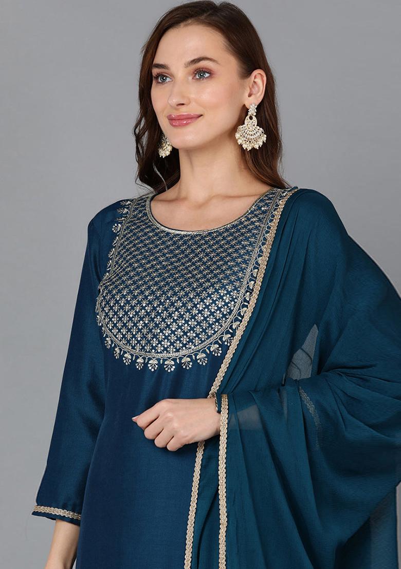 Teal Embroidered Silk Blend Kurta Set