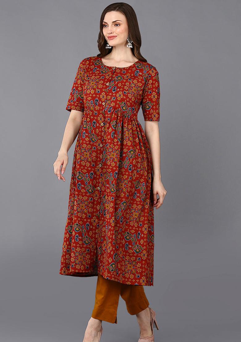 Red Printed Cotton Kurta