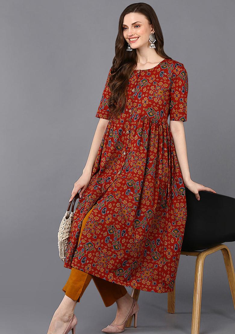 Red Printed Cotton Kurta