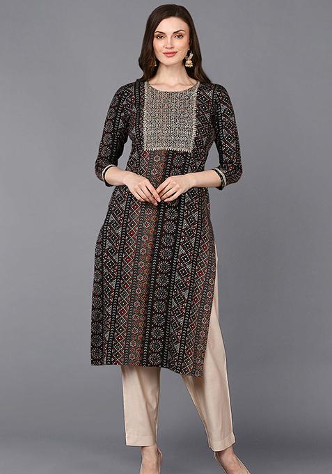 Black Printed Viscose Rayon Kurta