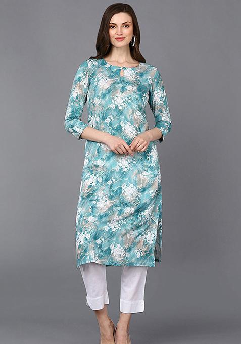 Turquoise Blue Printed Viscose Rayon Kurta