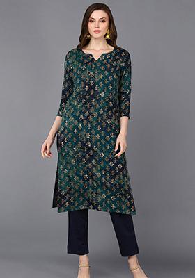 Blue Printed Silk Blend Kurta