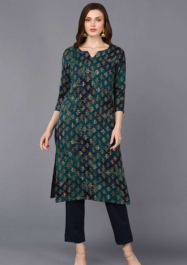 Blue Printed Blended Straight Kurta Set - Indya
