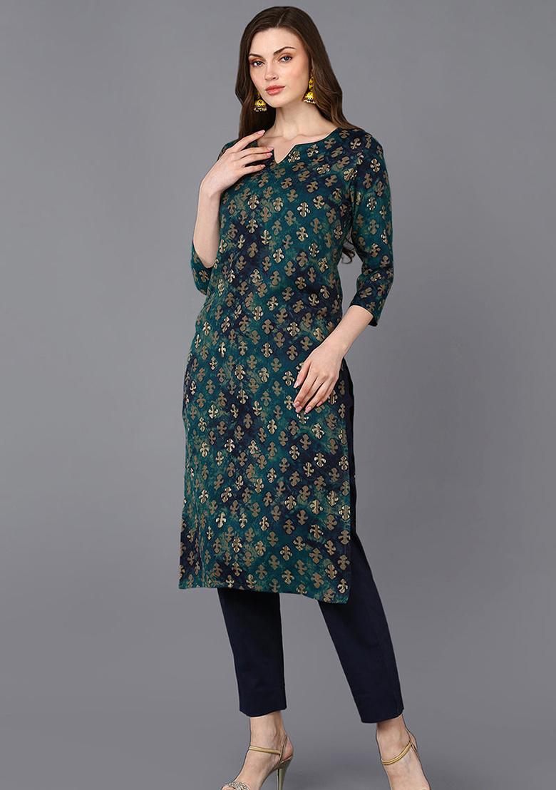 Blue Printed Silk Blend Kurta